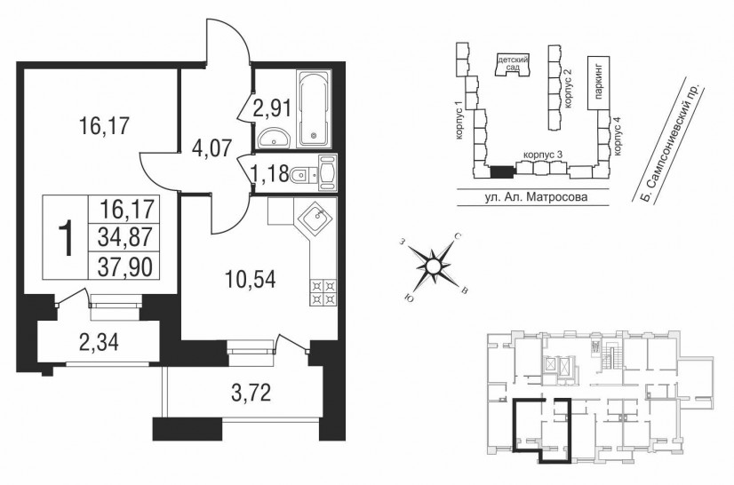 Однокомнатная квартира 34 м²